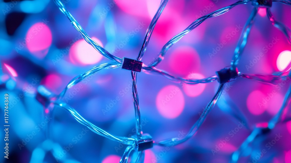 Poster Close-up of intertwined blue and pink LED string lights against a bokeh background.