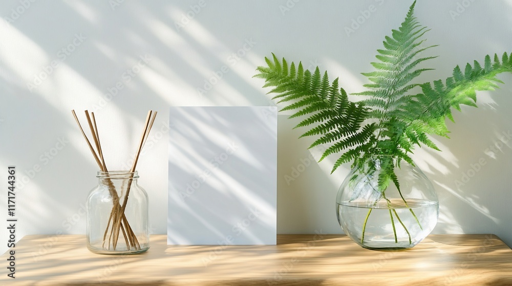 Poster Blank card mockup with fern and diffuser on wooden table in sunlight.