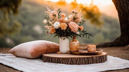 bohemian wedding decor, boho-chic spring wedding picnic under a big oak tree with cozy rugs, plush cushions, wooden platters, and wildflower dcor