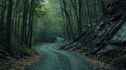 Fototapeta premium Winding dirt road through a dark, misty forest with rocky hillside.