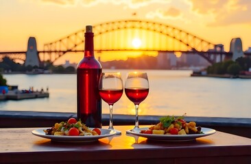 Naklejka premium a table with two glasses of wine and a plate of food