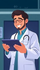 Doctor Reading News on Tablet in Hospital