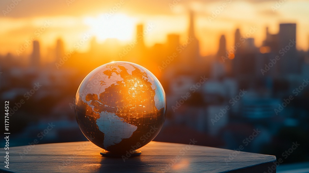 Poster sunset cityscape backdrop with a reflective globe.