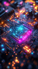 Obraz premium Abstract glowing circuitry lines and patterns in neon blue, purple, and green, resembling a digital motherboard, symbolizing digital transformation and advanced technology 