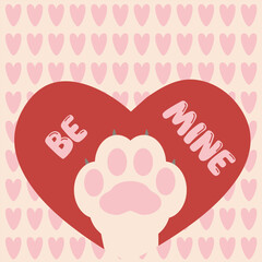simple valentines day card cats paw, flat vector illustration, perfect for your holiday background, textile, greeting card, wrapping