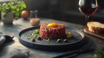 tatar wołowy, polska kuchnia, elegancja, minimalistyczne tło, nowoczesny talerz, naturalne światło, świeże składniki, mięso wołowe, ż&oacute;łtko jajka, mikro zioła, kapary, szalotka, musztarda, chleb na zak