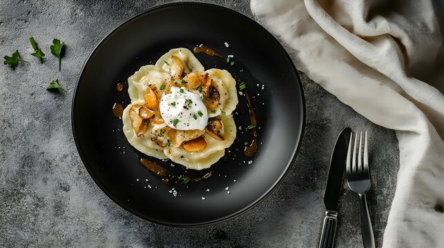 pierogi, kurki, polska kuchnia, elegancja, nowoczesny talerz, minimalistyczne tło, śmietana, świeży szczypiorek, trufle, olej truflowy, kuchnia regionalna, delikatna tekstura, intensywny smak, len, sr