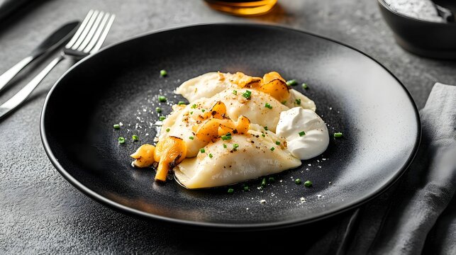 pierogi, kurki, polska kuchnia, elegancja, nowoczesny talerz, minimalistyczne tło, śmietana, świeży szczypiorek, trufle, olej truflowy, kuchnia regionalna, delikatna tekstura, intensywny smak, len, sr