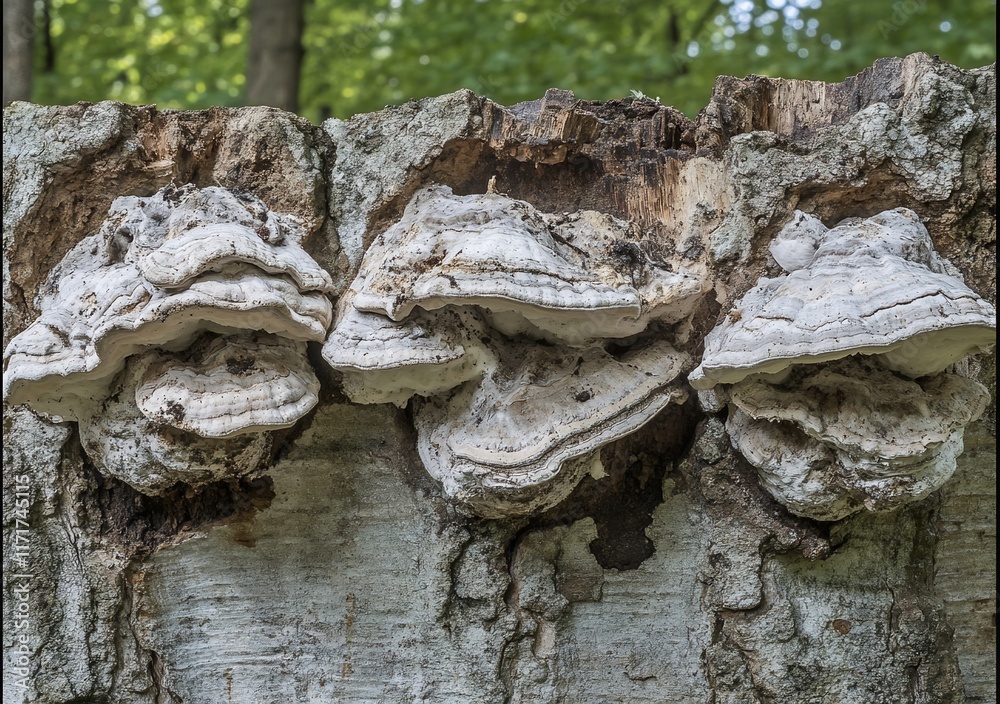 Poster three shelf fungi grow on decaying tree trunk in forest.