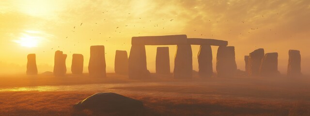 A mystical image of the mystical stone circles of Stonehenge, UK, bathed in the glow of a winter solstice sunrise