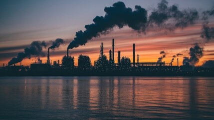 Naklejka premium Industrial complex silhouetted against sunset, water reflection.