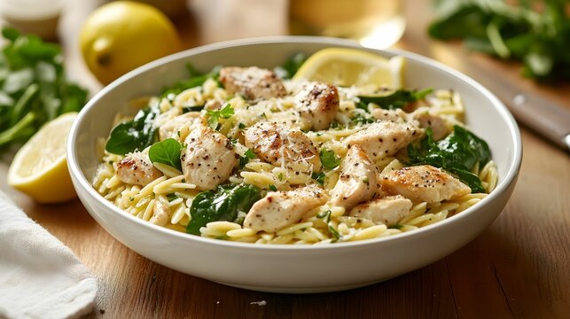 makaron orzo, kurczak, cukinia, szpinak, kuchnia śr&oacute;dziemnomorska, comfort food, prostota, elegancja, minimalistyczne tło, ceramika, ser parmezan, pieprz, oliwa z oliwek, cytryna, natka pietruszki, zd