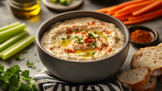 pasta, dip, biała fasola, zdrowe jedzenie, comfort food, oliwa z oliwek, papryka wędzona, natka pietruszki, chrupiące warzywa, marchew, seler, og&oacute;rek, chleb razowy, minimalistyczne tło, nowoczesny des