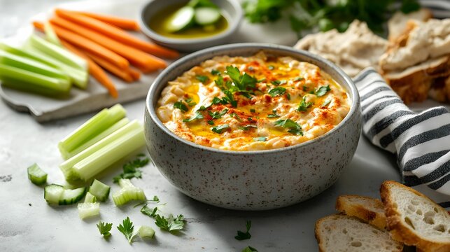 pasta, dip, biała fasola, zdrowe jedzenie, comfort food, oliwa z oliwek, papryka wędzona, natka pietruszki, chrupiące warzywa, marchew, seler, og&oacute;rek, chleb razowy, minimalistyczne tło, nowoczesny des