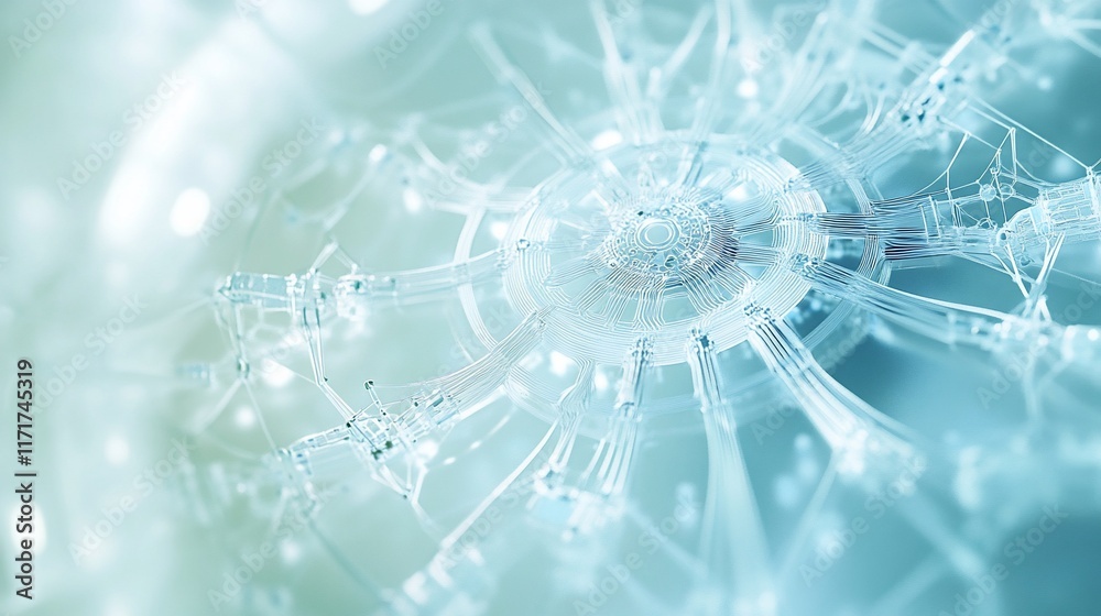 Fototapete Abstract digital rendering of a complex, translucent, circular mechanism with intricate details and a soft, light blue color scheme.