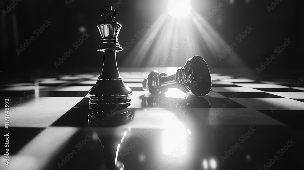 Aufkleber chessboard with victorious king piece standing over defeated opponent in dramatic low-key lighting.