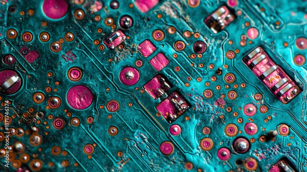 Poster close-up of a teal and pink circuit board with various components.