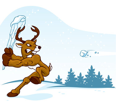 Reindeer playing baseball in the snow