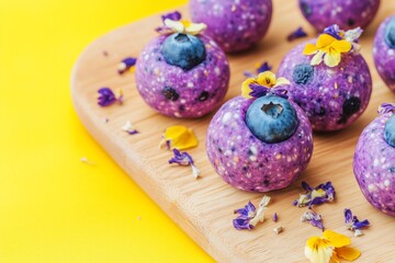 Obraz premium striking purple-blue energy balls infused with blueberries and adorned with colorful dried edible flowers, arranged on a wooden board against a bold yellow backdrop