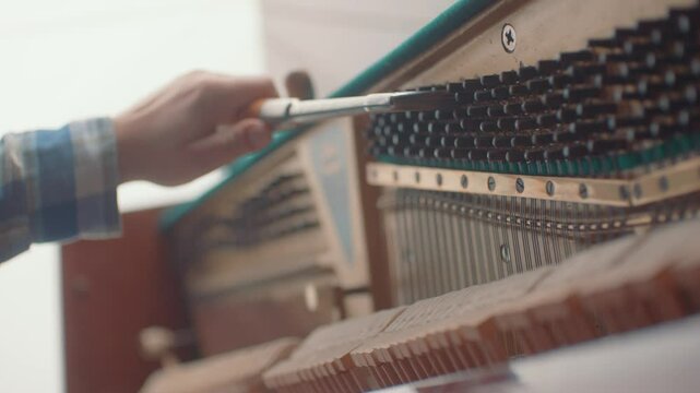 A man's hand tuning a piano. Close-up of a piano tuning (repair). Keys.