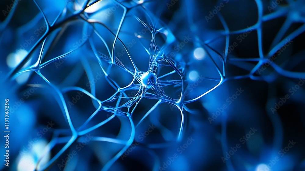 Poster Microscopic view of a neuron cell with complex network of axons and dendrites.