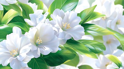 Fototapeta premium Close-up of vibrant white blossoms and lush green leaves, illuminated by sunlight.