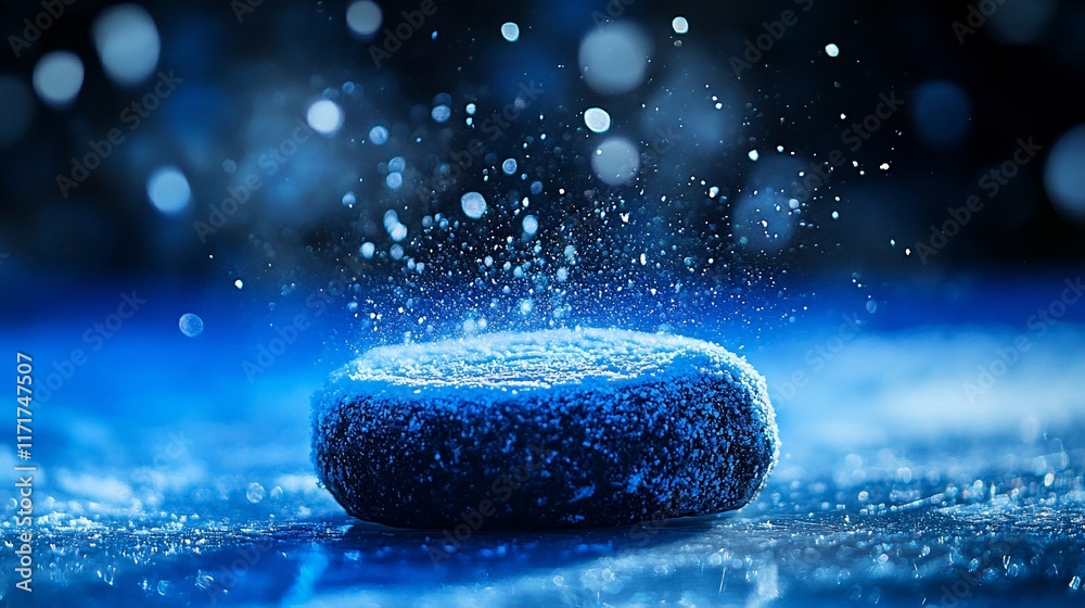 Poster close-up of a frosted puck on ice with motion blur, suggesting speed and energy.