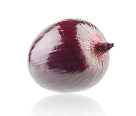 Excellently retouched absolutely peeled whole red onion bulb isolated on white. Volumetric light from behind.