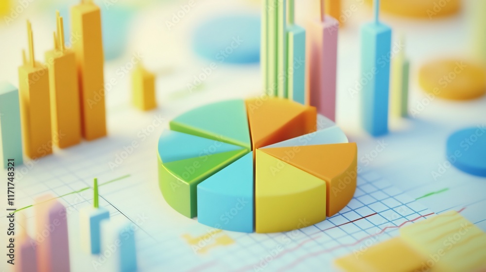 Poster Colorful 3D pie chart and bar graphs on a grid background, representing data analysis and business performance.