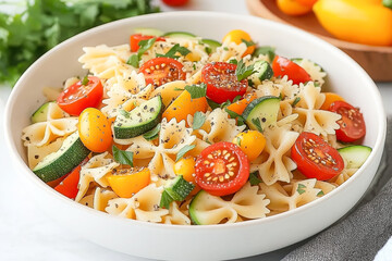 Fresh bowtie pasta salad with cherry tomatoes and zucchini slices.