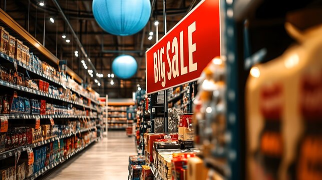 Big Sale Sign In A Grocery Store Aisle