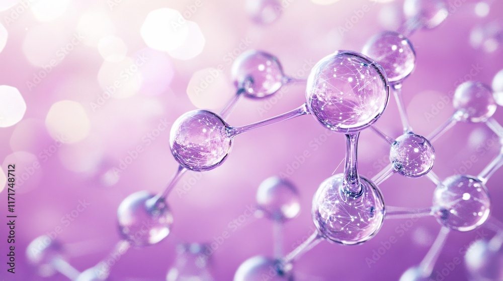 Fototapete Abstract 3D rendering of a molecule model with transparent atoms connected by bonds, set against a soft purple bokeh background.