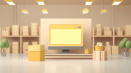 A minimalist workspace featuring a computer, boxes, and greenery, designed for efficiency and organization in a light, modern setting.