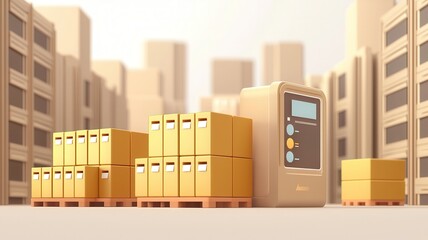 A stylized warehouse scene featuring stacked yellow boxes and a control device, emphasizing organization and storage efficiency.