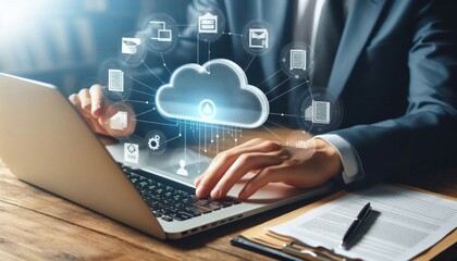 Hands typing on laptop keyboard, holographic cloud computing icons floating above, dark office setting, futuristic technology concept, blue glowing digital symbols, cybersecurity visualization, close-