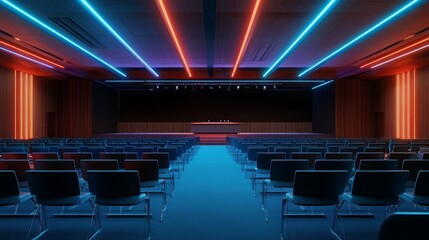 Empty auditorium; neon lights illuminate rows of seats.