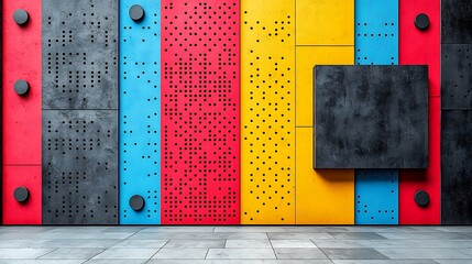 Colorful perforated metal wall panels with blank space.
