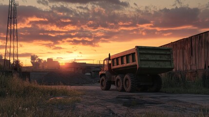 Obraz premium A weathered dump truck sits at sunset in an industrial area, with a dramatic sky and distant factory.