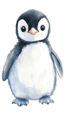 Naklejka premium Watercolor Style Baby Penguin Illustration on White Background, perfect for children's book or nursery decoration