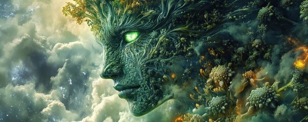A Majestic Representation of Nature: An Enigmatic, Vibrant Forest Spirit with Deep Emerald Eyes Merging Seamlessly into a Cloudy, Mysterious Environment, Symbolizing Harmony