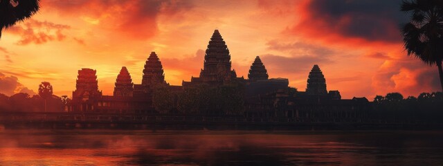 Fototapeta premium A mystical view of the ancient Angkor Wat temple complex at sunset, Archaeological scene, Surreal style