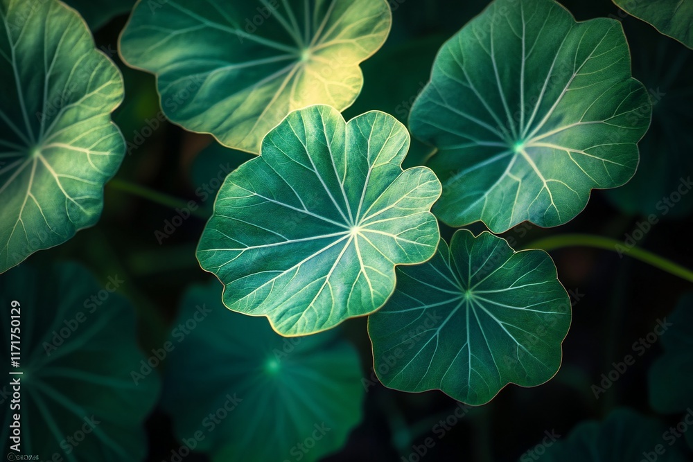 Poster lush green leaves with prominent veins and subtle lighting variations, creating a textured and vibra