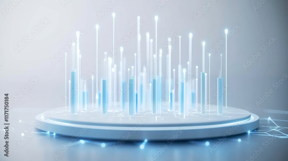 Leinwandbilder Abstract digital data visualization on a circular platform, showcasing glowing lines and bars representing information flow and connectivity.