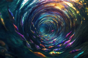 A serene underwater panorama featuring uniquely swirled, rainbow-colored fish swimming together in a mesmerizing spiral.
