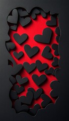 Concept Love Valentine Day Greeting Card Black Cut-Out Hearts Red Background Copy Space