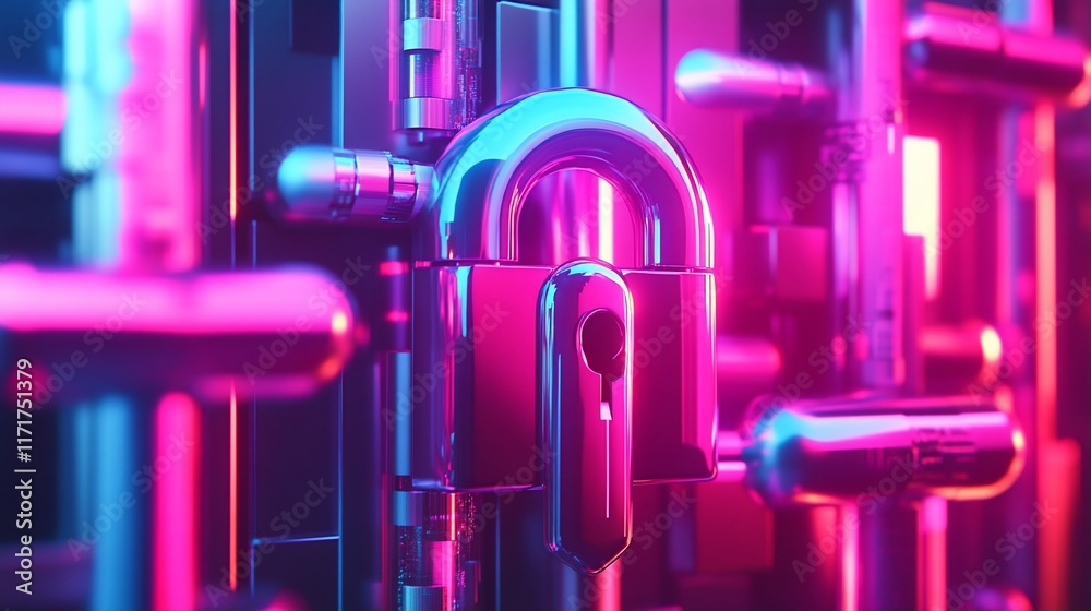 Poster padlock in vibrant neon light, futuristic abstract tech background.