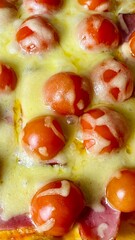 close homemade gluten free pizza with bacon cherry tomatoes and cheese . home food