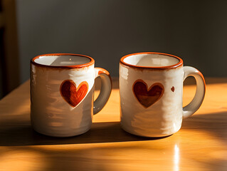A pair of ceramic mugs with matching heart designs, placed together on a wooden table with soft light, perfect for a Valentine's Day morning coffee