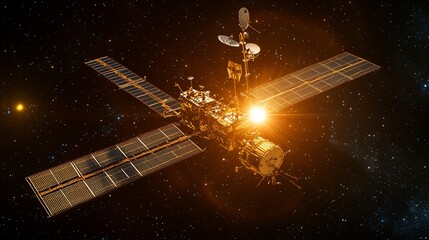 Spacecraft orbiting Earth, illuminated by sun.