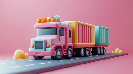 3D Cartoon Truck on Pink Road: A whimsical and colorful 3D illustration of a cartoon truck with two containers driving down a pink road.